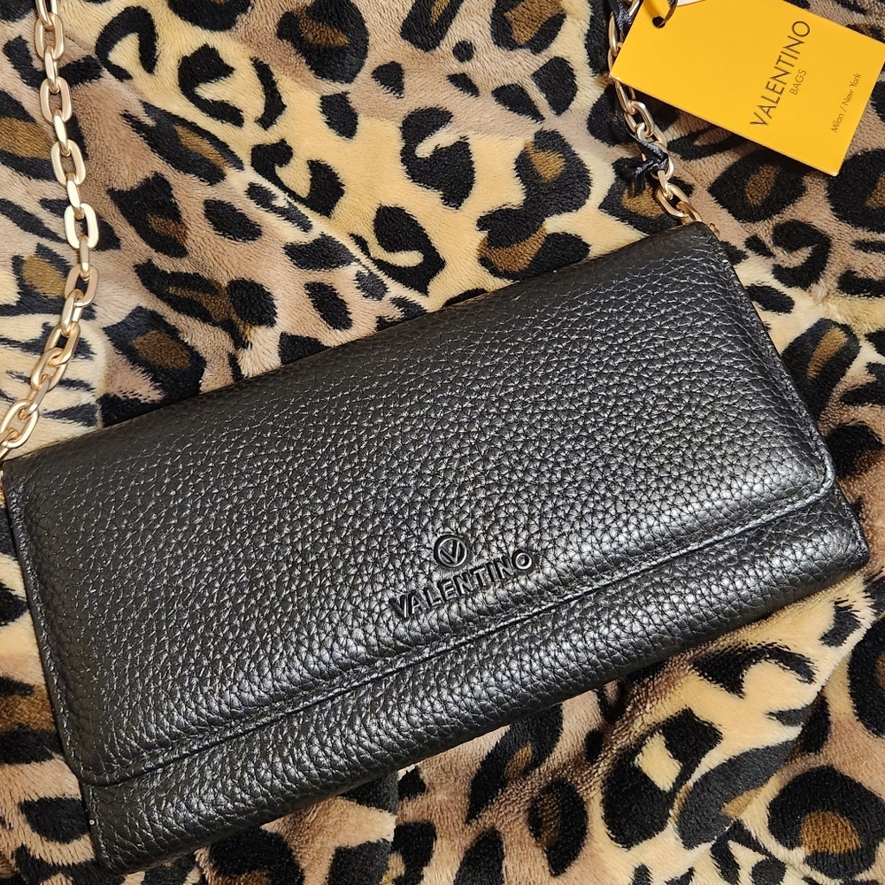 Valentino Textured Black Crossbody Bag with Gold Chain NWT